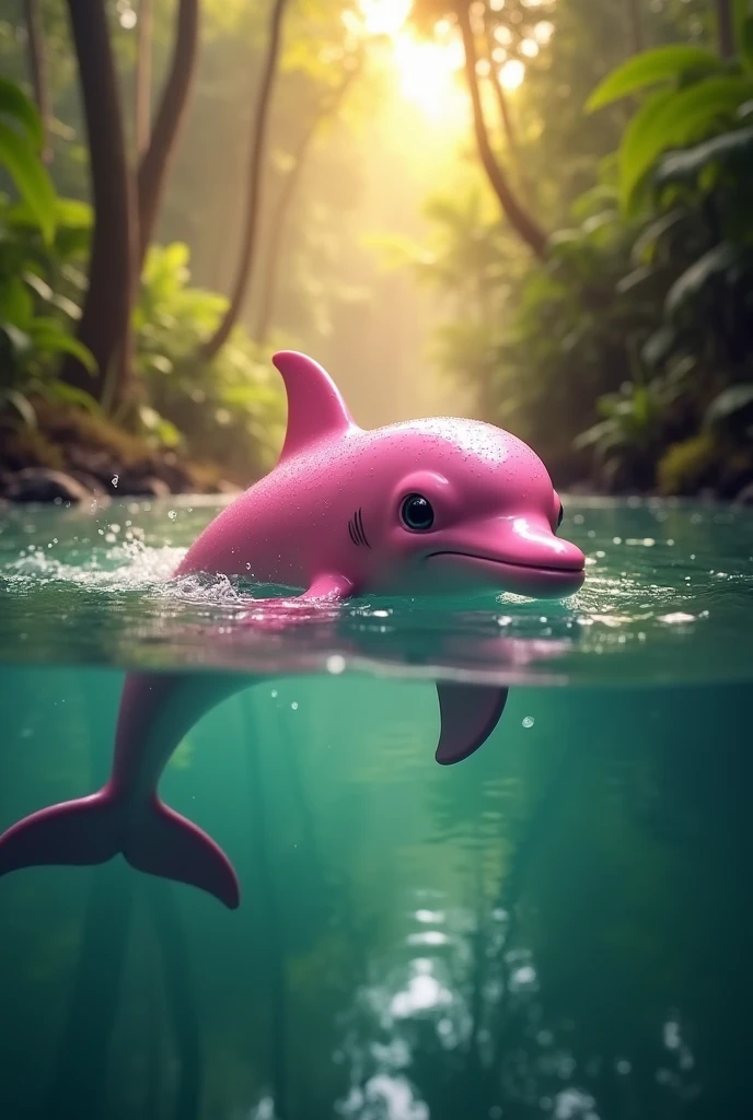 Make me a pink Amazon dolphin with warm colors and show why they are becoming extinct 