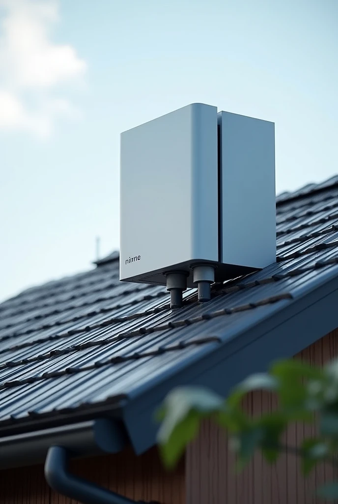 (photorealism1:2) water filter, installable in houses, innovative design, rainwater collector, installed on the roof of a house, duct system, medium-large size, square design