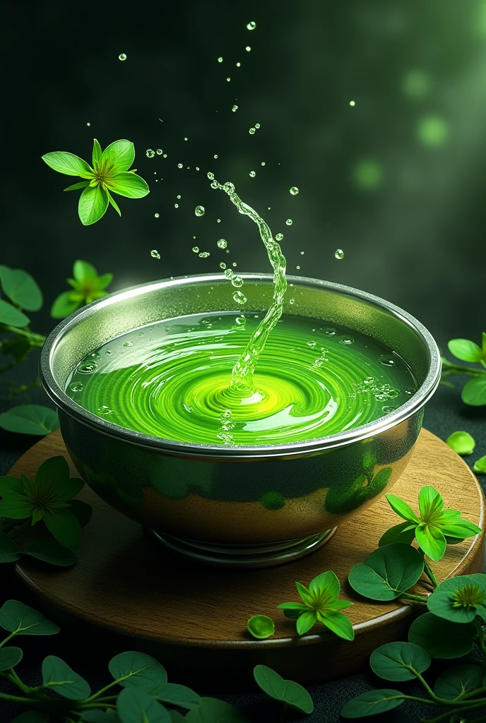 Product Design,Green tea seen from above,Silver edge bowl,Splashing green tea,Black background,Surrounded by leaves and flowers,Leaves flutter,A spectacular whirlpool on the water surface,steampunk,Green Flower,Transparency