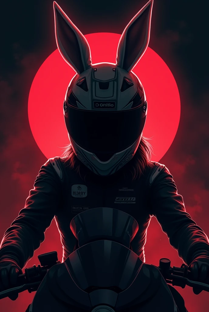 Create a logo that shows a bunny helmet, that girl is a motorcycle racer but her face cannot be seen, it should be a shadow of black and red but the achievement is round
