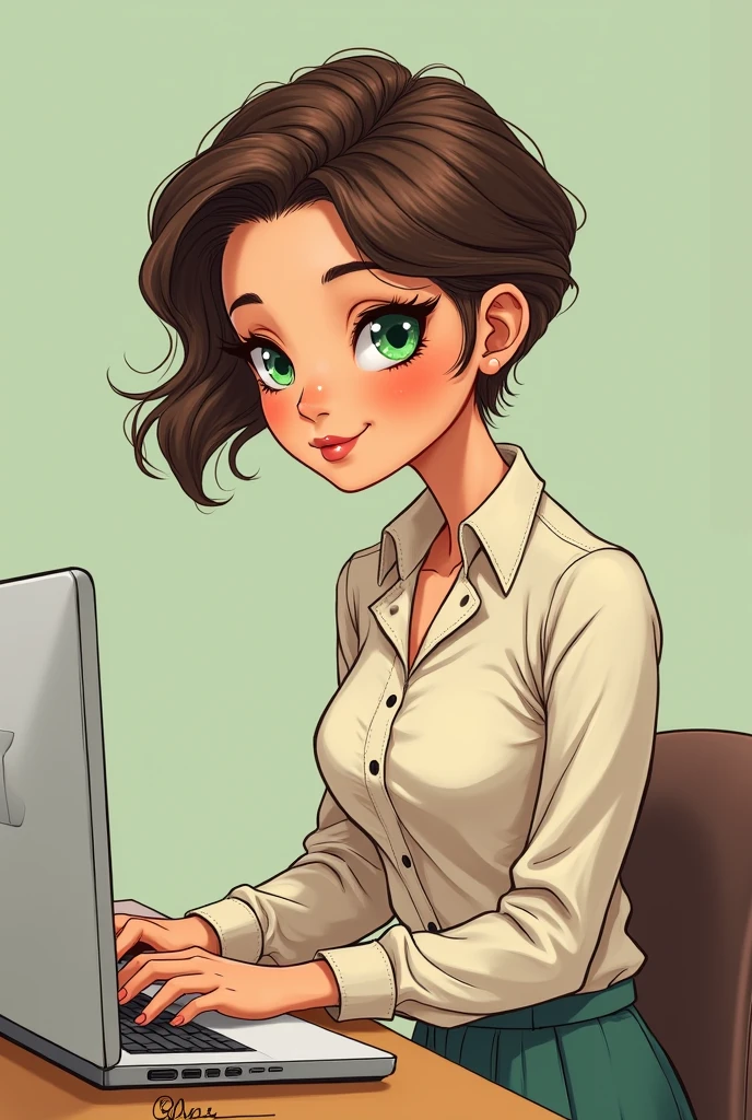 art mignon, art simple , femme, yeux vert, cheveux brun très court a la garçonne, un ordinateur sur un bureau, dessin