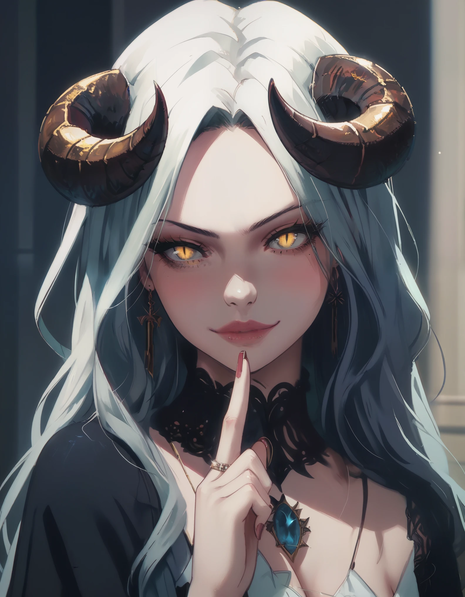 A demonic and seductive looking anime character, with black wings, long dark flowing hair, bright golden eyes, and curved horns like those of a ram. has pale skin, a mischievous smile and a playful and mysterious expression, holding a finger to his lips as if silencing someone. She wears a white dress with intricate detailing and gold accents, along with a blue gem on his chest. The scene is dramatically lit., with soft shadows that enhance her sharp features, as the background fades into darkness, adding an enigmatic and magical touch. The style is a mix of anime fantasy with intricate details, Capturing an intense portrait, close and dynamic