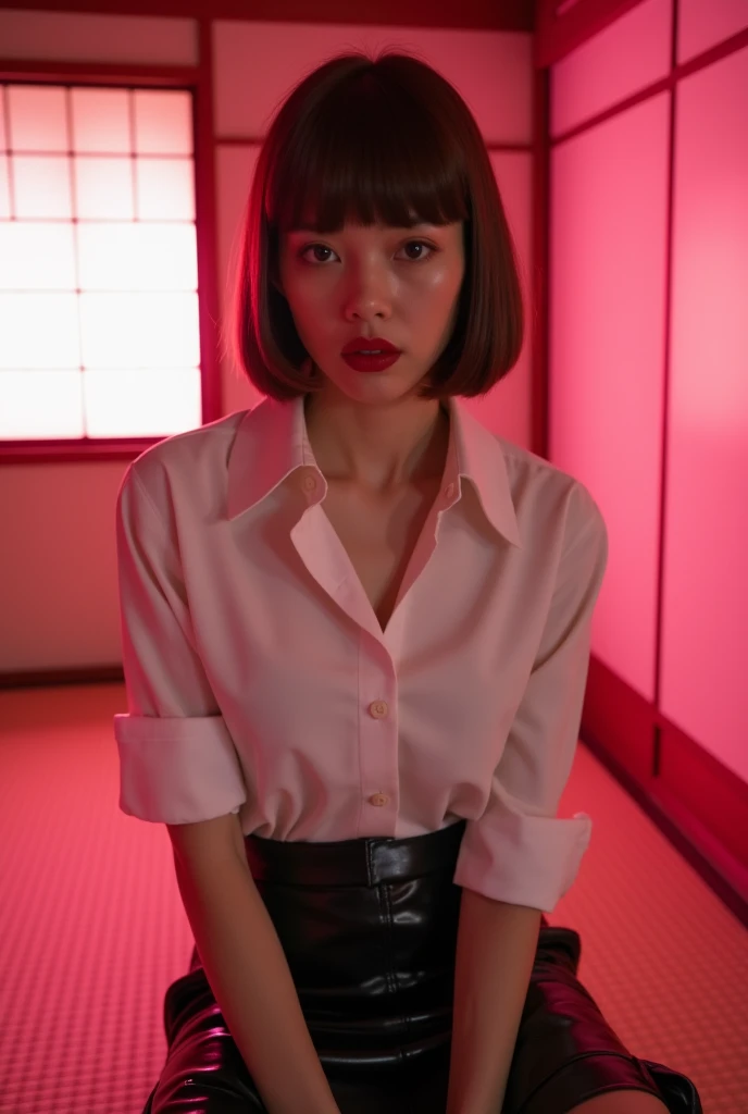 ((Japanese actress)) Mature Woman ((Plump, bright red lips with lipstick)) Big Breasts ((Short brown hair with bangs)) ((Looking into the camera)) Sit with your legs apart ((White button shirt and black enamel tight skirt)) Low-angle shot of a person standing facing forward look down ((A bedroom with shoji and tatami mats lit up in pink neon lights))
