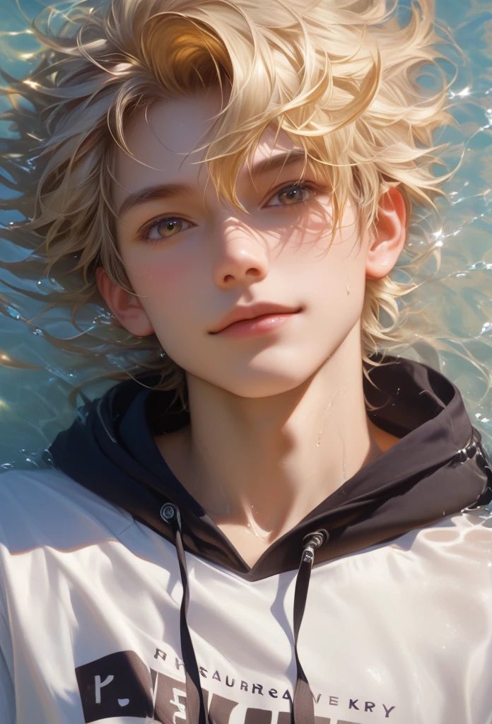 score_9, score_8_up, score_7_up, A hyper realistic ultra detailed photo of hansome man, fancy hair ,  golden blonde  hair, ultrarealistic, cute,  body, perky boobs, perfecteyes, , upper body  , close up, portrait, looking at viewer, amusement  ,  laying on back  ,  casual outdoor background, wearing hoodie T-shirt , layered skirt