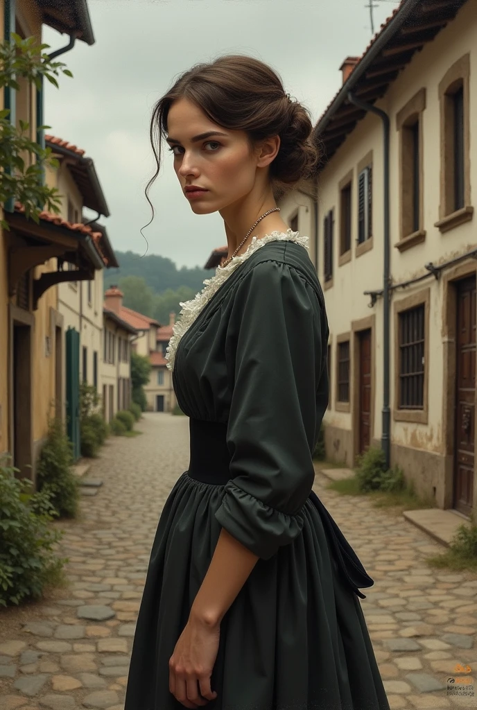 Create an image of the work Madame Bobary. That represents all the aesthetics of the 19th century and her discontent with the life she leads with her husband.