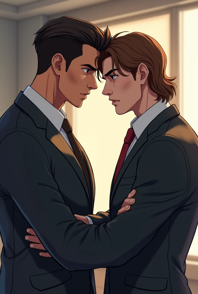 draw two young men on businessman attire one formal and one a bit casual, one is taller around 6'2 and has dark brown slicked back hair, brown eyes, light olive skin. the other one has long wavy brown hair and hazel eyes, shorter than the other guy around 5'11 and is always serious has lighter skin. the tall guy looks like he's provoking the other guy.