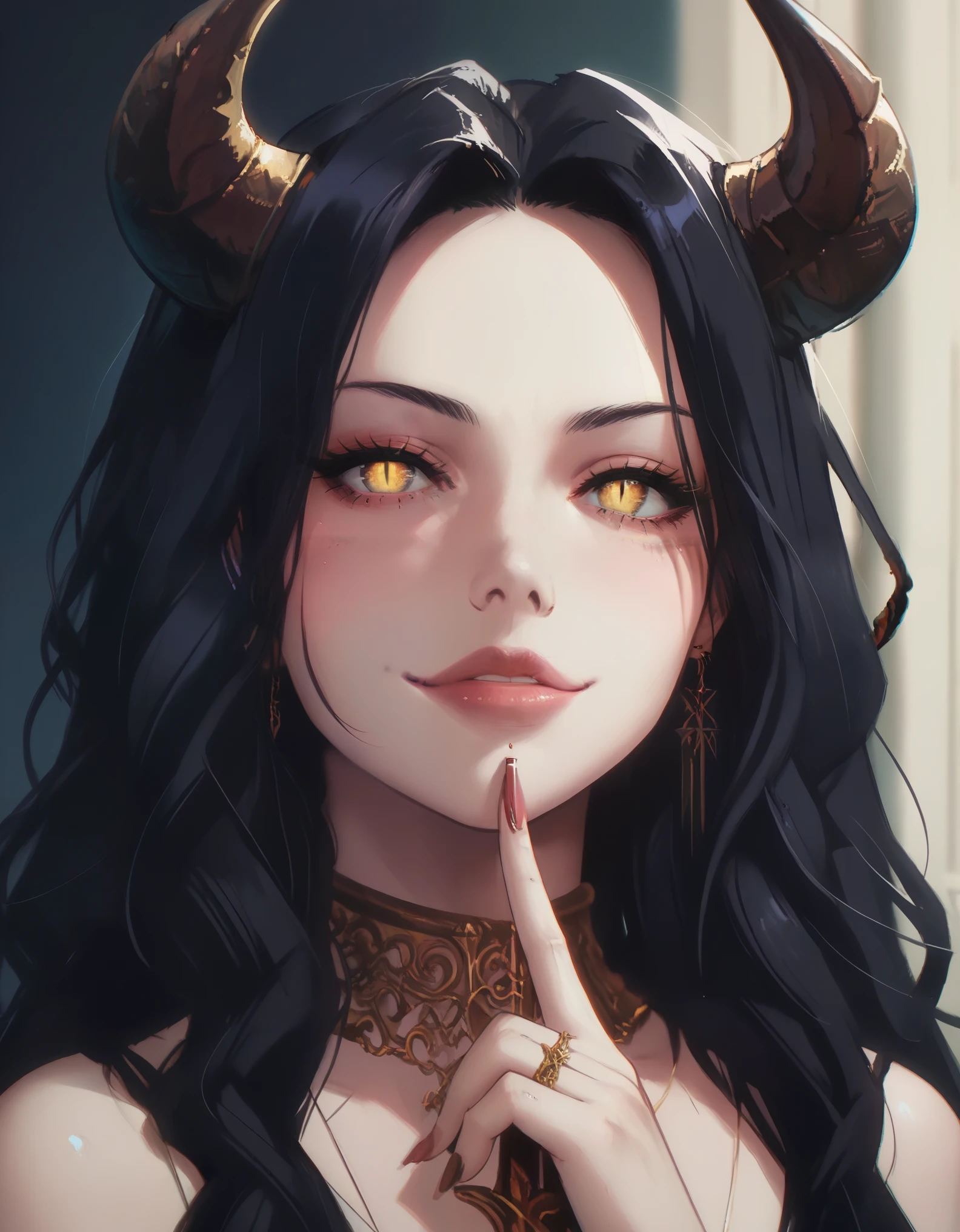 A demonic and seductive looking anime character, with black wings, long dark flowing hair, bright golden eyes, and curved horns like those of a ram. has pale skin, a mischievous smile and a playful and mysterious expression, holding a finger to his lips as if silencing someone. She wears a white dress with intricate detailing and gold accents, along with a blue gem on his chest. The scene is dramatically lit., with soft shadows that enhance her sharp features, as the background fades into darkness, adding an enigmatic and magical touch. The style is a mix of anime fantasy with intricate details, Capturing an intense portrait, close and dynamic