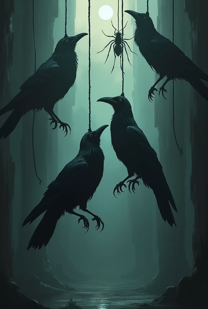 Create an image in which some crows are hanging from the ceiling and at the same time sad because his crow son is an insect