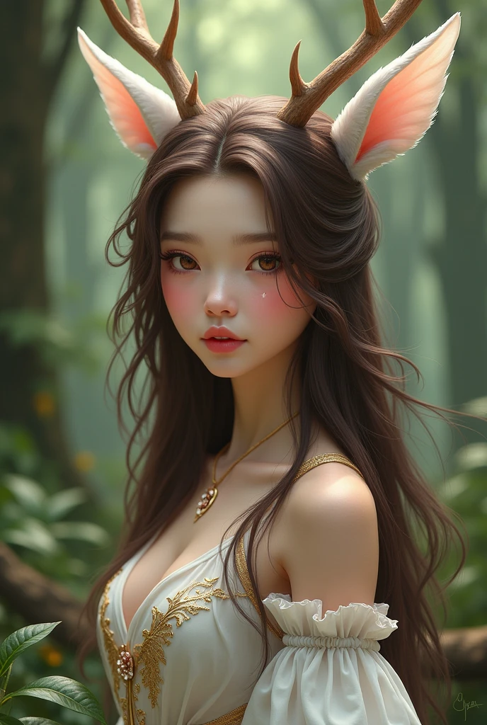 A picture of a fantasy deer girl with chocolate brown long hair brown eyes and a white one it has a birthmark on the upper lip on the left side is beautifully dressed which fits the forest
