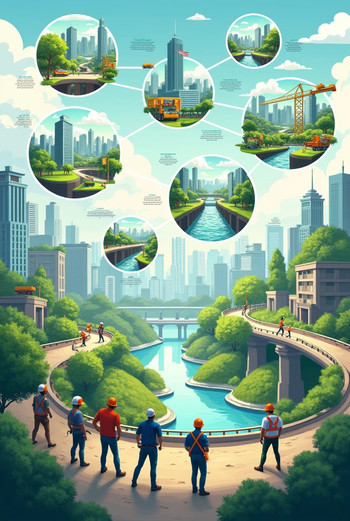 create a poster of civil engineering showing how it is helping the environment add pictures and add senerios in bubbles in english explain what is happening in each bubble in english