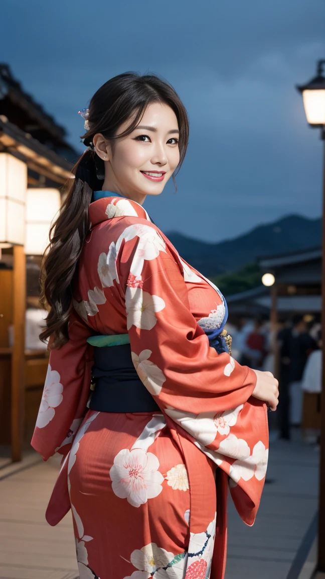 Mature attractive sexy woman,50 years old, ((kimono)),(((kimono))),Shut,((Big Breasts:1.2)),(Facial wrinkles:1.3),light makeup,Light brown hair,Long Hair,(Full body photo:0.85),(Emphasize big buttocks),8k, RAW Photos, Highest quality, Laughter,masterpiece,Highest quality、A kind smile、Captivating Gaze、Random Hairstyles、Summer festival、Night food stalls、light up、landscape、looks happy、