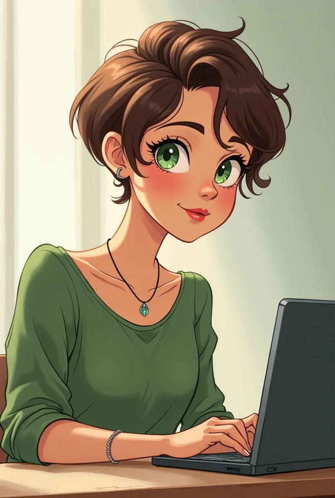 art mignon, art simple , femme, yeux vert, cheveux brun très court a la garçonne, un ordinateur sur un bureau, dessin