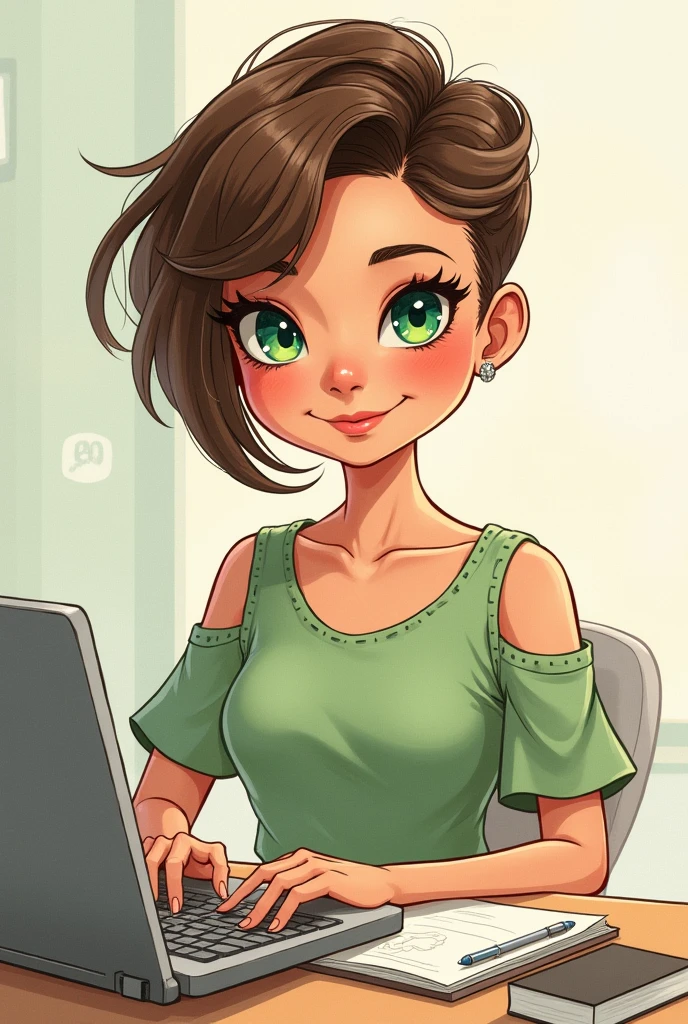 art mignon, art simple , femme, yeux vert, cheveux brun très court a la garçonne, un ordinateur sur un bureau, dessin