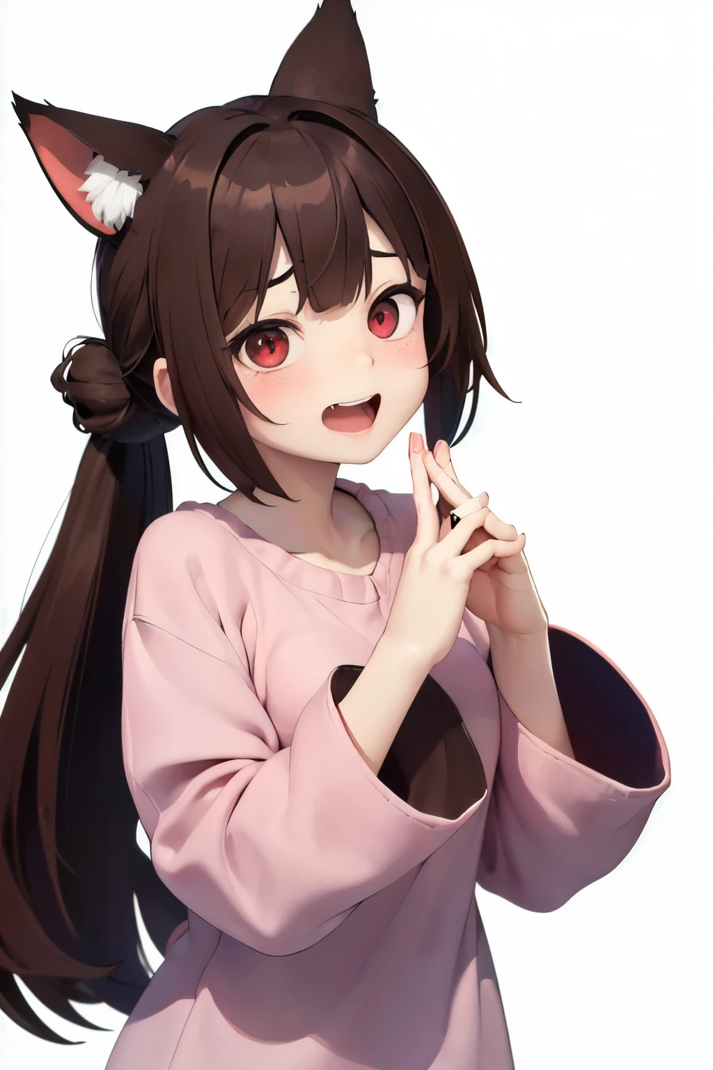 masterpiece,Highest quality,Upper Body,One person,Crimson eyes、Fox Ears、Brown Hair、ponytail、Casual clothing、Laughter、Small breasts,Horizontal pupil,shout,Negative prompt below: (Easy Negative), (Bad move 5), an6, Very bad image negative_v1.3, (Worst quality, low quality:1.2), (no fingers, No choice, No legs:1.4) (Extra Hands足, Extra Fingers, Extra Hands, Extra Feet:1.4), (Mutate your fingers, Mutated Hand, Mutated legs:1.4), (Malformed hands, Malformed fingers, Malformed legs:1.4), (Poor hands, poorly-drawn face)、White background