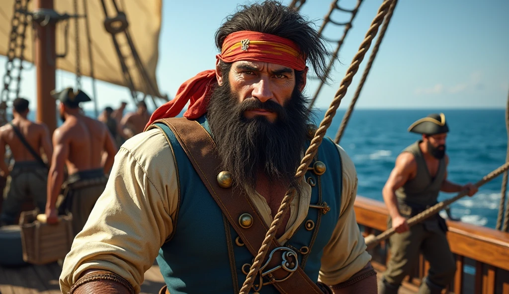On board Black Bart's pirate ship, the pirate Caesar with a long beard, head with a pirate scarf, found hard manual work: pulling ropes, climbing the rigging, scrubbing the deck, high seas, sunny day.