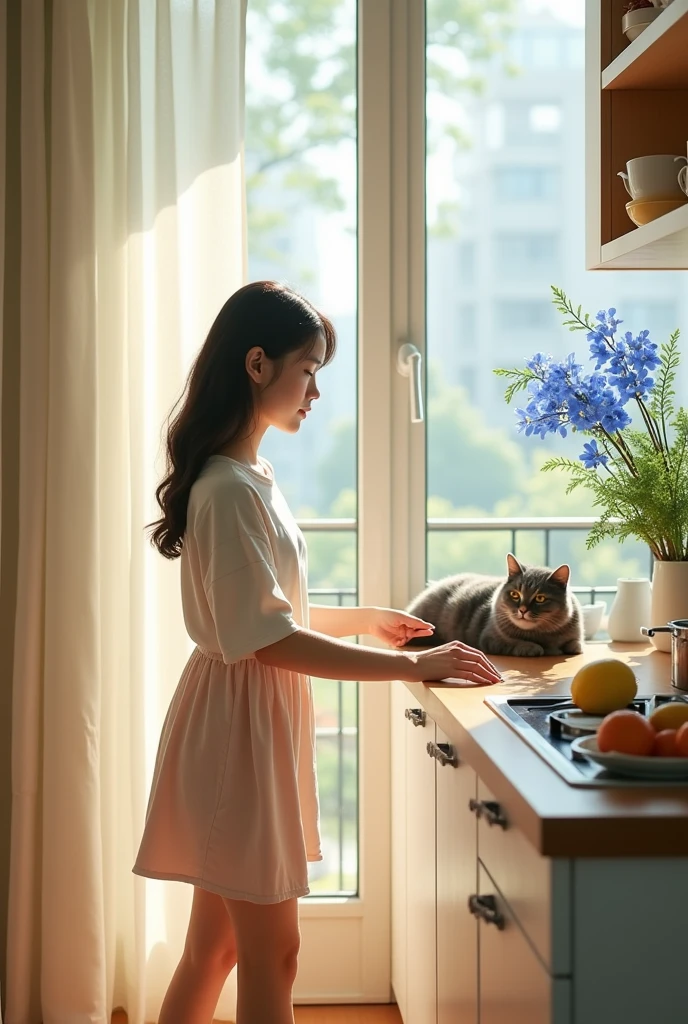 A high-resolution, realistic style photo of a 20-year-old Taiwanese girl tidying up a minimalist kitchen. The background features a balcony with blue plumbago flowers, bathed in sunlight with a gentle breeze. Nearby, a silver-gray American Shorthair cat is basking in the sunlight, creating a tranquil and serene atmosphere. The scene is bright and airy, embodying a harmonious and peaceful moment of contentment and simplicity.