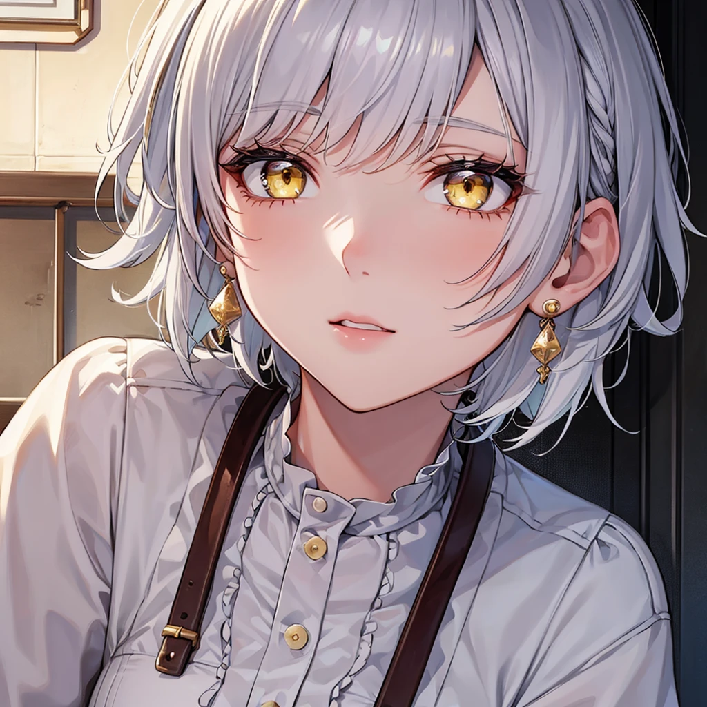 1 girl, a high resolution, very short hair, White hair, earrings, Yellow eyes with a pattern.
