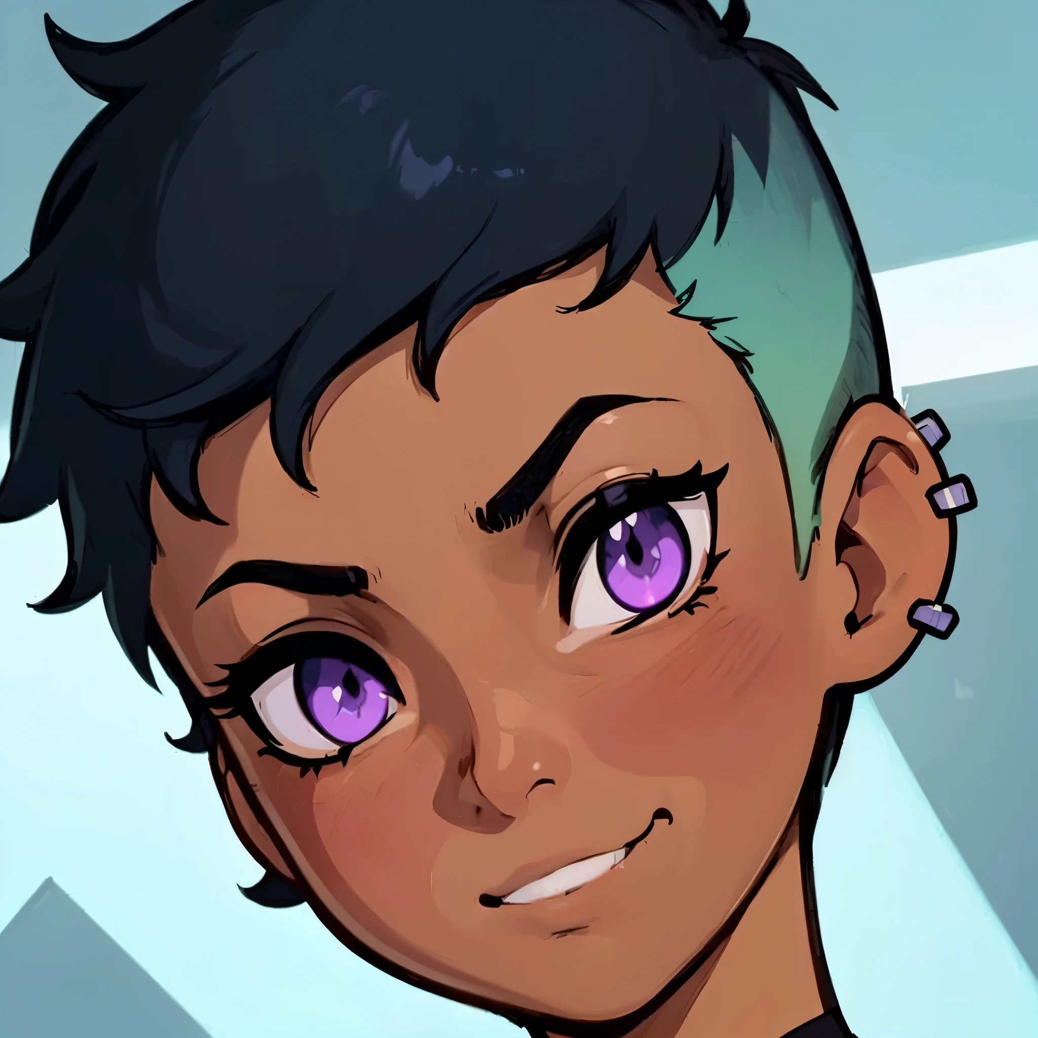 [riley_fairfeather], ((masterpiece)), ((High res)), ((HD)), ((solo portrait)), ((cute cartoon aesthetic)), ((detailed cel shading)), ((front view)), {(attractive athletic figure), (dark skin), (cute purple eyes), (short hair), (two-toned hair), (gradient hair), (cute grin)}, {(ear piercings)}, {(looking at viewer)}, [ambient lighting]