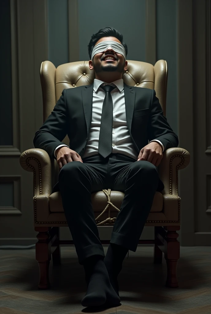 Handsome malay Zarul 22years lawyer
He laugh
Focus 5toefeet
Shoeless
Red loafer Shoes scatter
Hand Handcuff wooden chair
blindfolded
feather on floor
Pair of Blacksock on floor
2 mafia pinch their nose
Smelly feet
The mafia boss 
rub his feet
