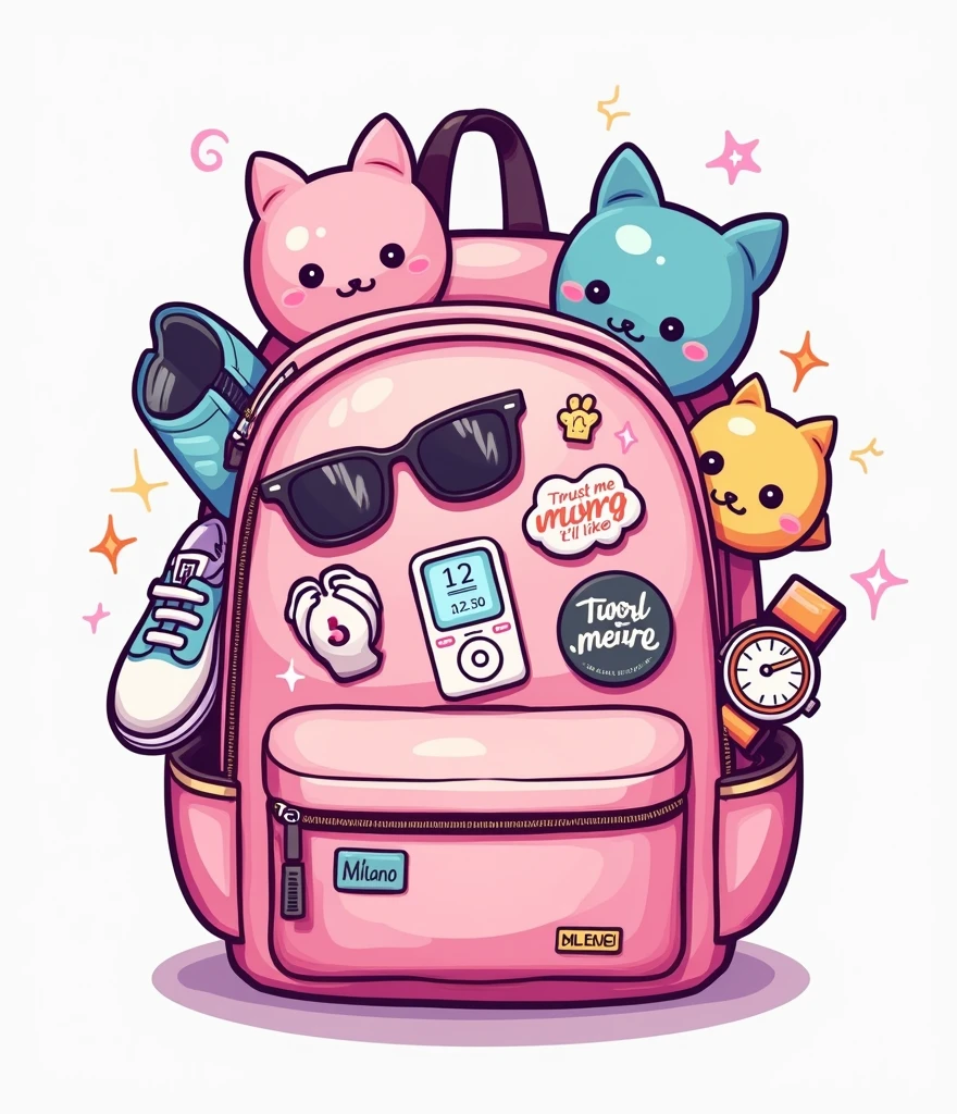 a charming pink backpack (cutest with cartoon style squishmallows,) with several items coming out of it. These items include a pair of sneakers, sunglasses, a camera, an iPod with headphones, a wristwatch and a smartphone displaying the time 12:30. The backpack has several patches and pins with different designs, como estrelas, texts and logos. A patch says "Trust me you’ll like it!" while another has the text "Milano." The image represents a modern youth culture full of technology and fashion accessories.. the outline could be thinner