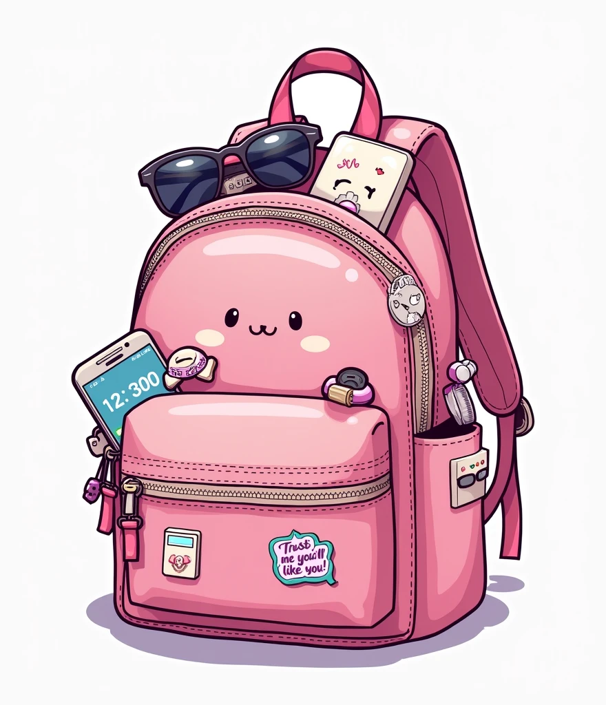 a charming pink backpack (cutest with cartoon style squishmallows,) with several items coming out of it. These items include a pair of sneakers, sunglasses, a camera, an iPod with headphones, a wristwatch and a smartphone displaying the time 12:30. The backpack has several patches and pins with different designs, como estrelas, texts and logos. A patch says "Trust me you’ll like it!" while another has the text "Milano." The image represents a modern youth culture full of technology and fashion accessories.. the outline could be thinner