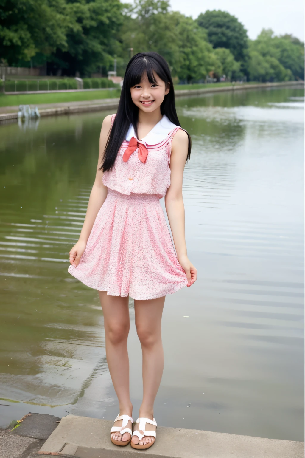 Standing alone by a deserted river、High school girls、Summer clothes、Long black hair、Cute Face、miling、Full body portrait