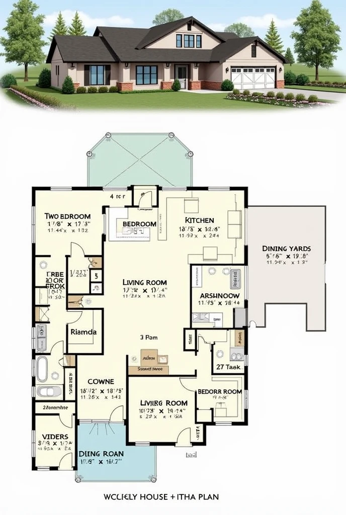 house plan, 4 bedrooms, two bathrooms, kitchen, living room, dining room, clothes yard