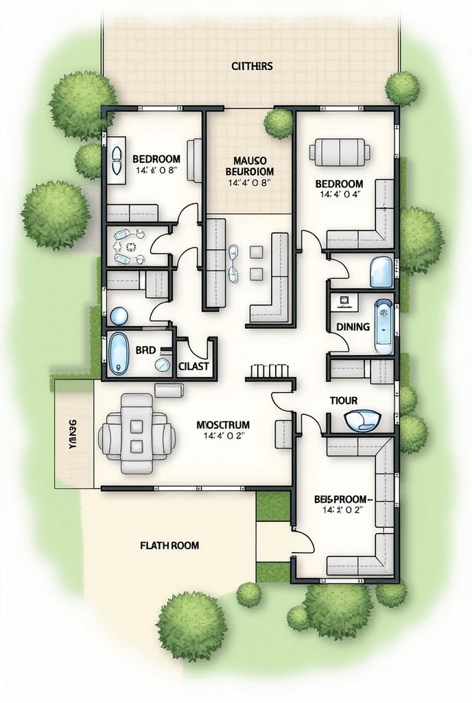 house plan, 4 bedrooms, two bathrooms, kitchen, living room, dining room, clothes yard