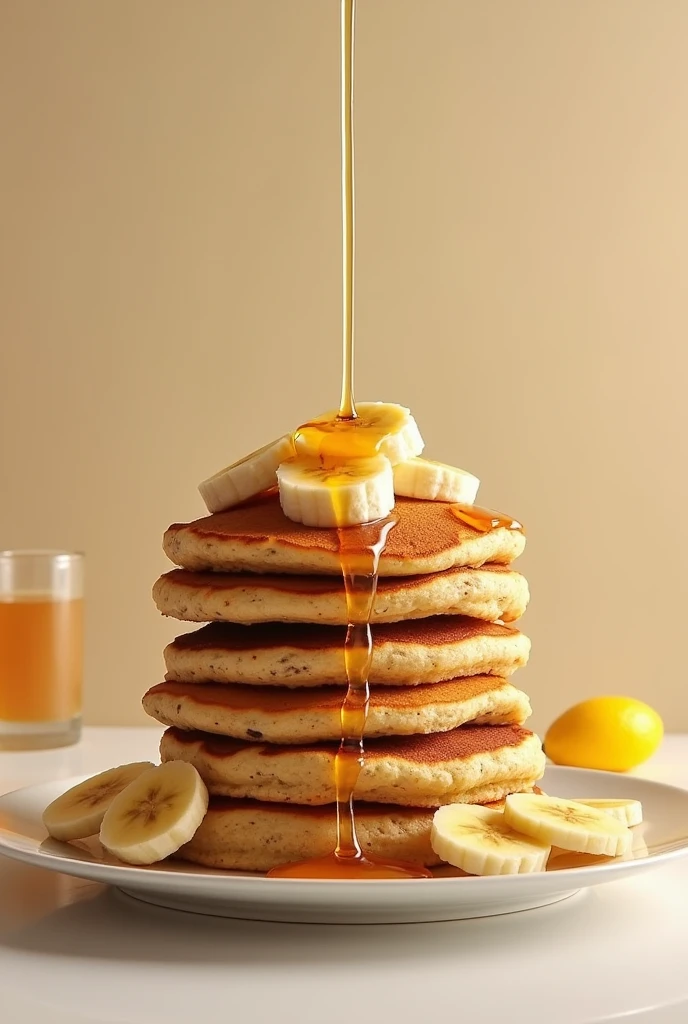 Oatmeal Pancake: A stack of oat pancakes garnished with banana slices and a drizzle of honey with nothing in the way
