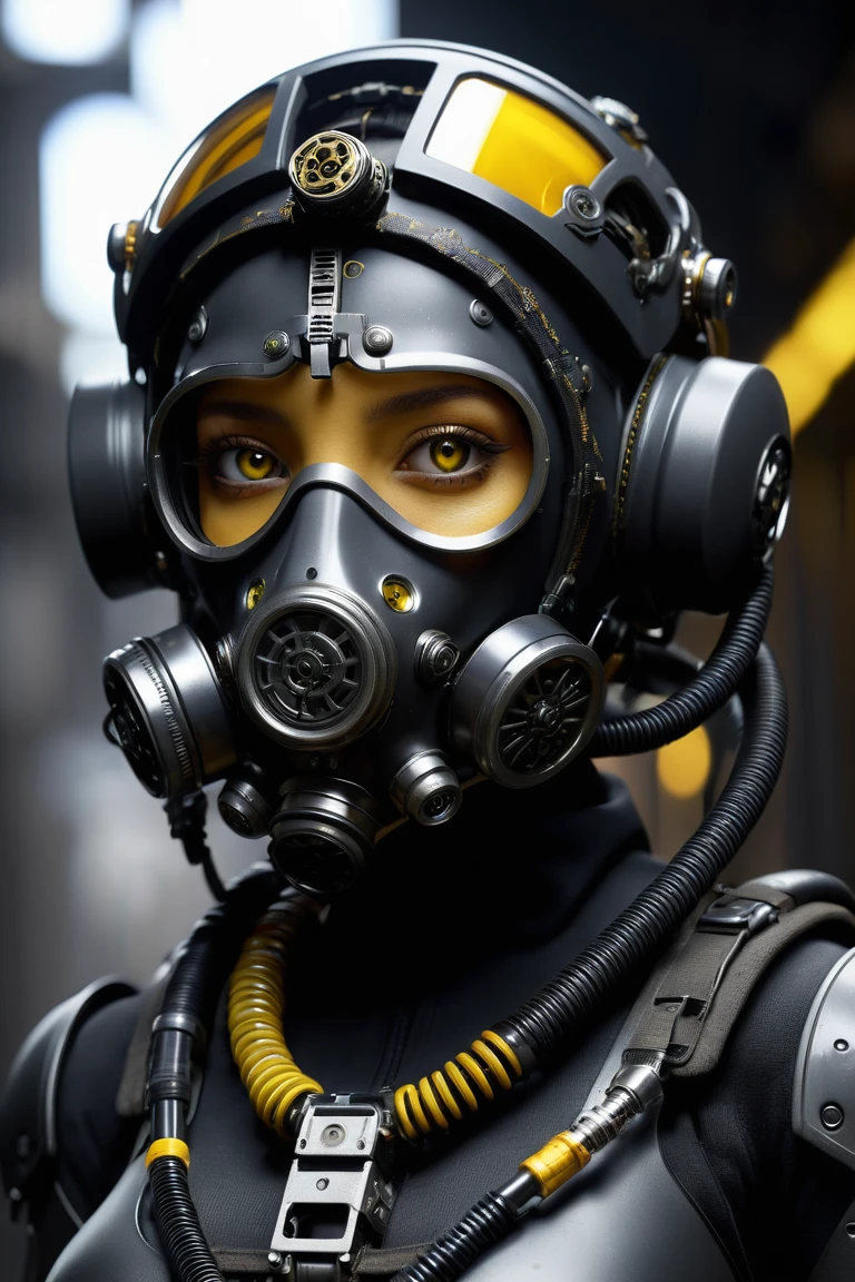 (masterpiece:1.2,high quality), 1 girl, ((Ultra realistic details)), global illumination, darkness, unreal engine, Octane rendering, 8k, ultra sharp, metal, Intricate, detailed ornaments, highly Intricate details, yellow eyes, (mechanical body:1.2), by white, (black gas mask), gear, bob cut, Hundreds of cables, terran, (robot, ANDROID:1.15), Apocalypse, broken buildings