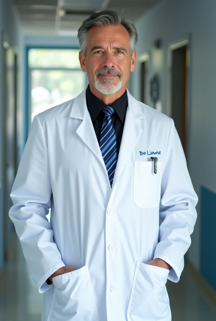 Man in a black shirt and blue tie and a white doctor&#39;s coat over it