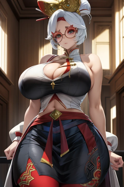 Busty, huge breasts, highres, masterpiece, perfect lighting, bloom, cinematic lighting, perfect skin, female,  (looking at viewer:1.5),solo, perfect illumination, distinct, (1girl:1.4), perfect face, detailed face,  perfect body, beautiful eyes, pretty face, soft light, (blue eyes:0.7),
bare shoulders, black skirt, upper body, 
 slim,
red glasses, hair ornament,  sleeveless shirt, black skirt, red leggings,
purah, cleavage, white hair