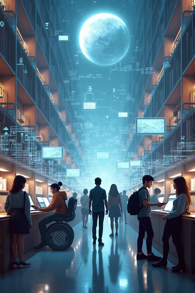 Students,book,reading,library,future,robot,star,interesting