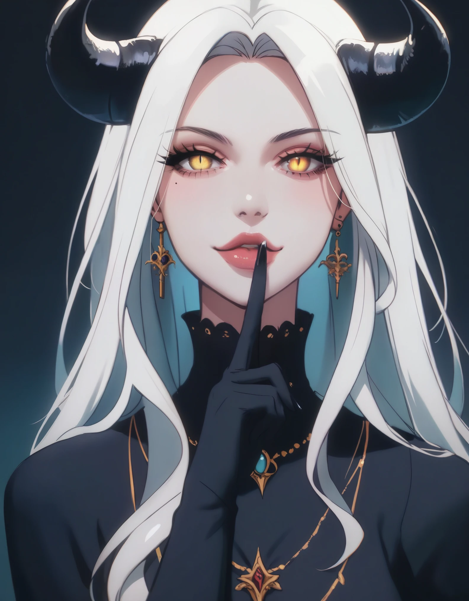 A demonic and seductive looking anime character, with black wings, long dark flowing hair, bright golden eyes, and curved horns like those of a ram. has pale skin, a mischievous smile and a playful and mysterious expression, holding a finger to his lips as if silencing someone. She wears a white dress with intricate detailing and gold accents, along with a blue gem on his chest. The scene is dramatically lit., with soft shadows that enhance her sharp features, as the background fades into darkness, adding an enigmatic and magical touch. The style is a mix of anime fantasy with intricate details, Capturing an intense portrait, close and dynamic