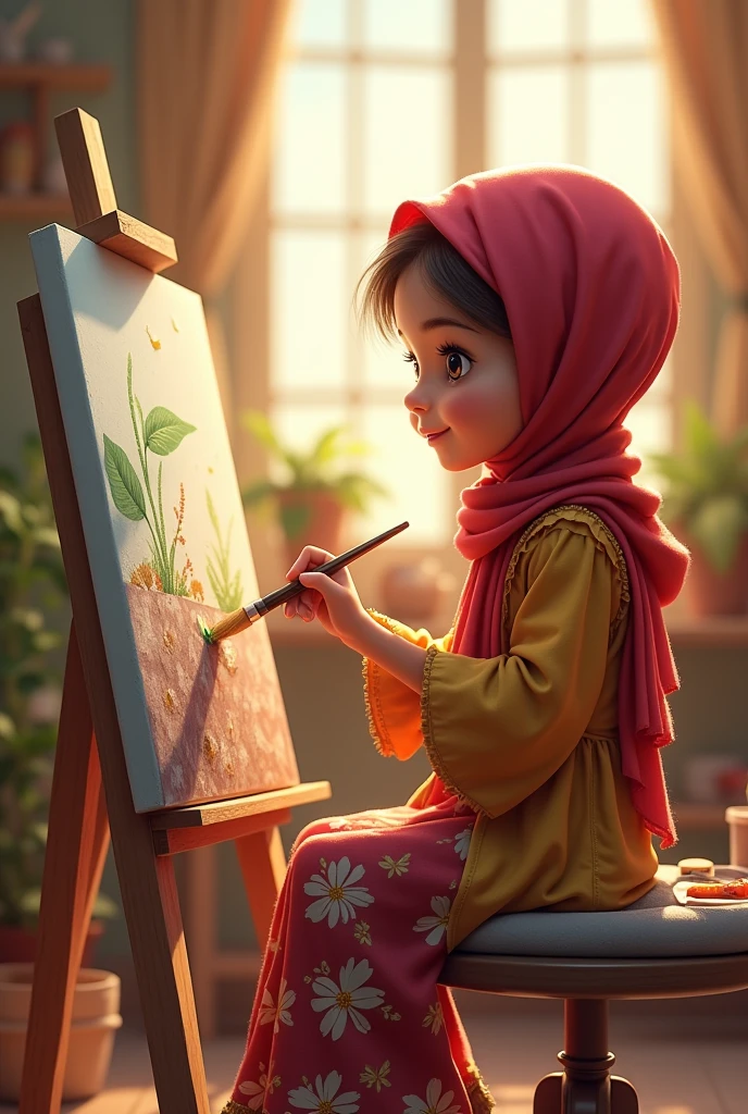 A cute muslim girl who is painting
