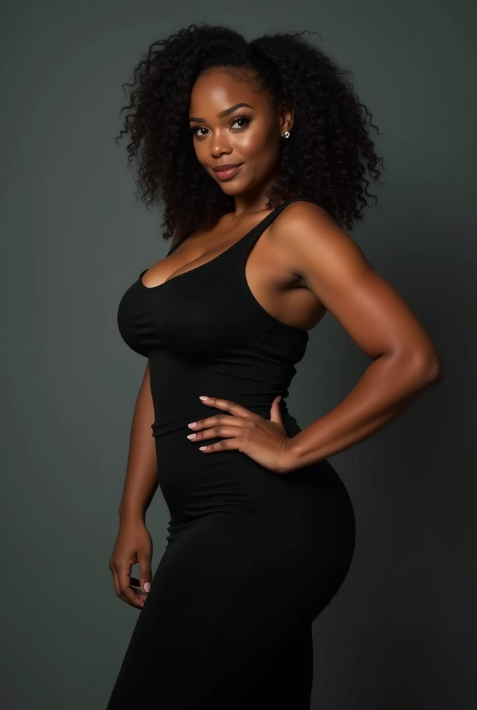 25-year-old ebony girl, big tits, tan lines, long black hair with lots of curls, wearing a strapless dress that fits her body tightly, with her hands on her waist, in the middle of a dance floor