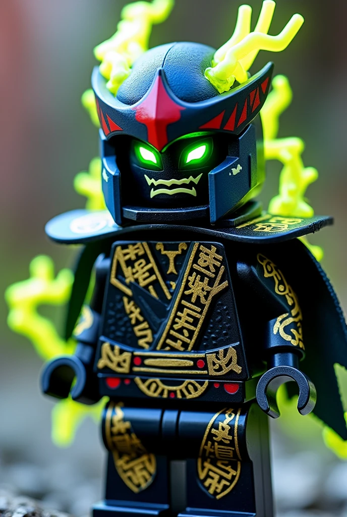 Créer moi un lego ninja go futuriste a moitié oni et ninja maléfique avec un masque de oni veangeance de couleur violet, bleu et rouge sur la tête avec une peau NOIR et dans le visage il faut des traces d’électricité jaune et bleu foncé et un regard terrible sombre avec des yeux en vert clair brillant avec une puissance incroyable avec comme puissance élémentaire l’électrique, l’énergie, la terre, le feu, la glace. Les habits du ninja doit être en noir anthracite bleu et or et fer anthracite avec des reure en forme d’électricité jaune brillant et vert clair et des écritures japonaise sacré en or. Un ninja imbattable monstrueux beaucoup trop puissant qui contrôle tout les pouvoirs élémentaire. Le ninja oni frantome doit être destructeur et exceptionnel