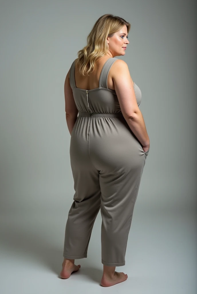 A 2 obese fat pale blonde blue eyed woman 40 years wearing a jumpsuit, proffessional light, photostudio, photo from the back