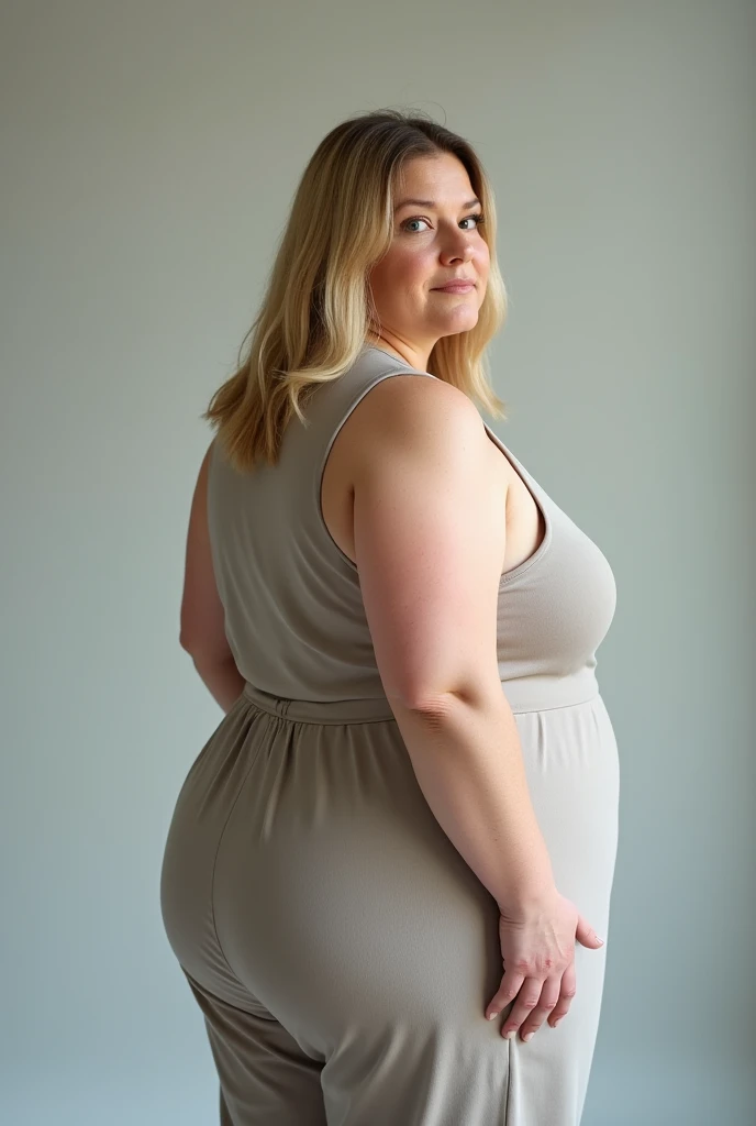 A 2 obese fat pale blonde blue eyed woman 40 years wearing a jumpsuit, proffessional light, photostudio, photo from the back