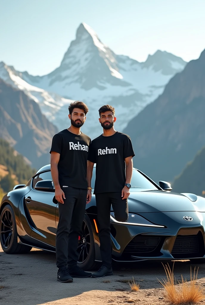  Two Young guy stand with Black supra And Boy have black t shirt And Rehan Name printed On Guy T shirt with white text and Background Is Mountain Top  And Guy Have Sunnat beard and guy have black pant and black sports shoes 
