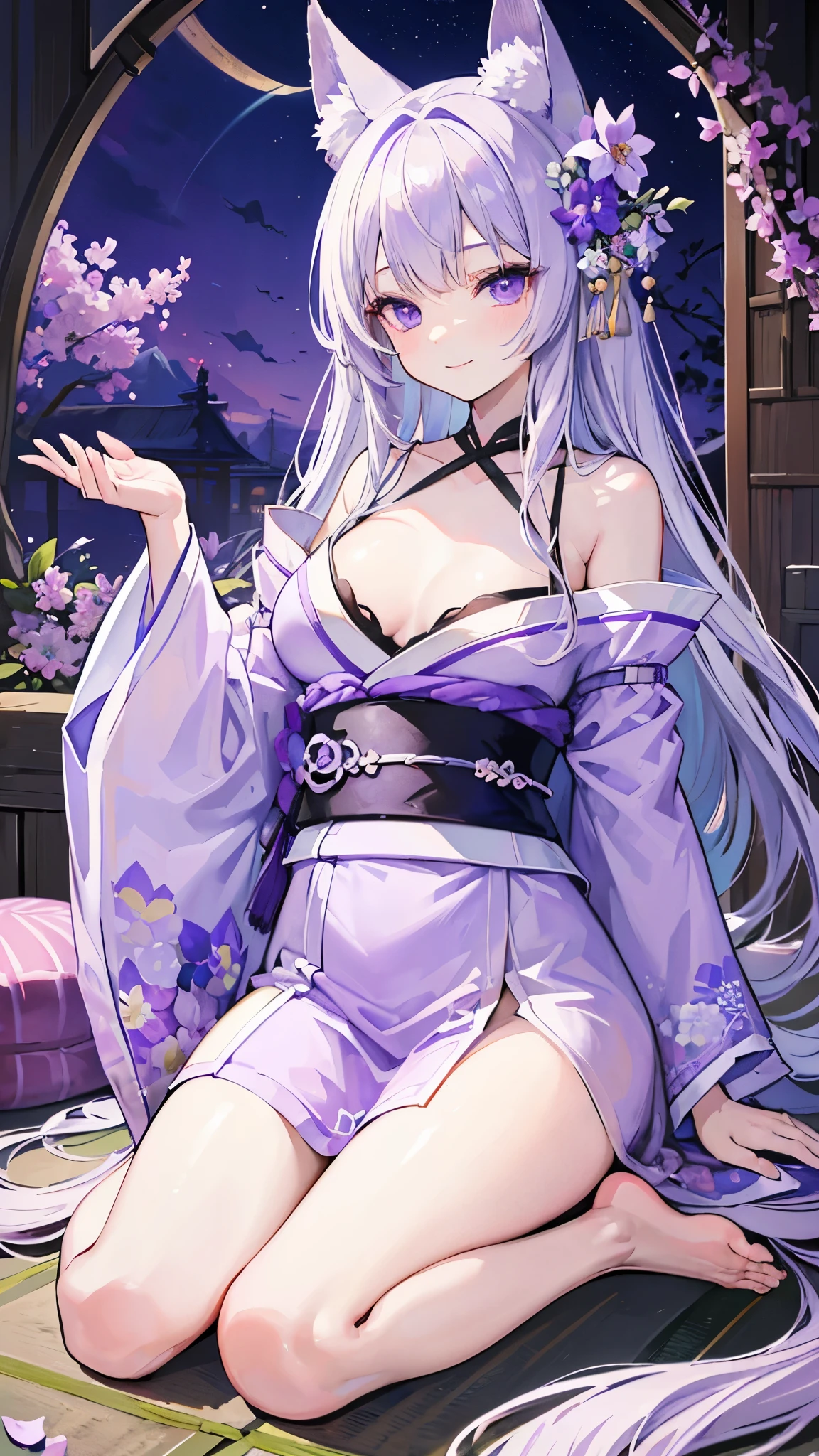 ((masterpiece、Highest quality、Very detailed))、One person、Gray Hair、Long Hair、Diagonal bangs 、Light purple eyes、smile、Large Breasts、Fox Ears、((Lilac kimono))、Fox Tail、wariza、((Sit flat))、Iris flower field、((night))