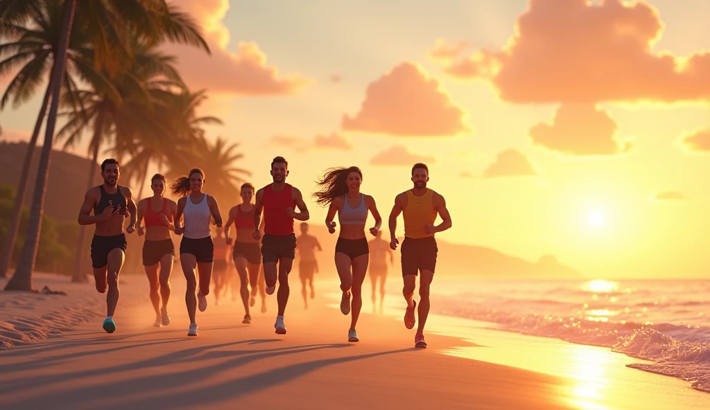 Create a horizontal background on the beach where you can see a sunrise at sea, palm trees and on the sand there is a group of adults in sportswear running in a platoon. It must be an animated image. 