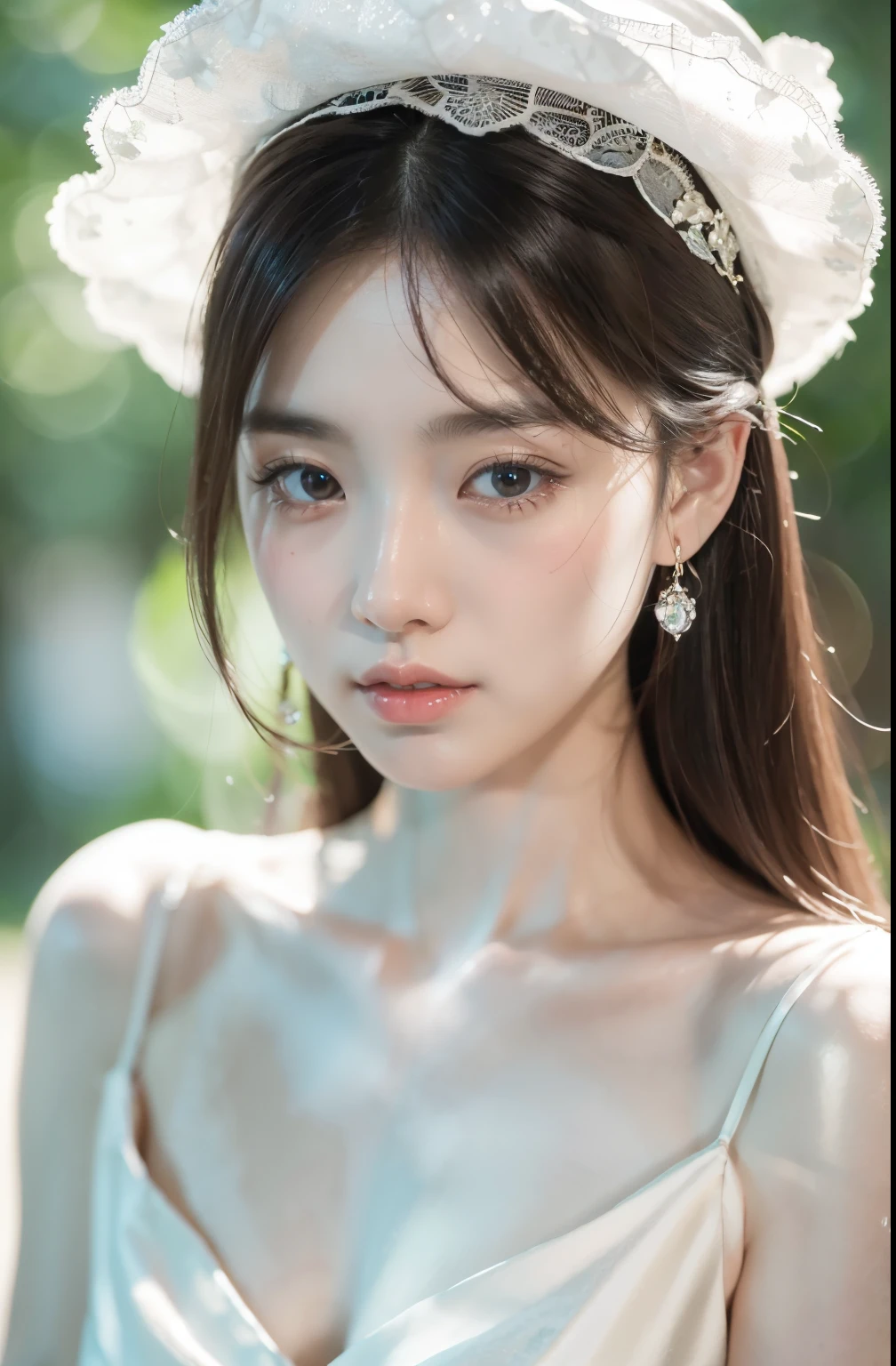 (very detailed, high resolution,8k,professional),beautiful and delicate eyes,Lips with beautiful details,very detailed 눈과 얼굴,long eyelashes,1 woman,Pale Ghost Girl,white porcelain skin,Soft portrait,red lips,white dress,white hat,Guweiz style work,pale young ghost girl,white porcelain skin,Created by: Russell Lu Dongjun,Delicate milky porcelain skin,Elegant lady with porcelain skin and fairy-tale features