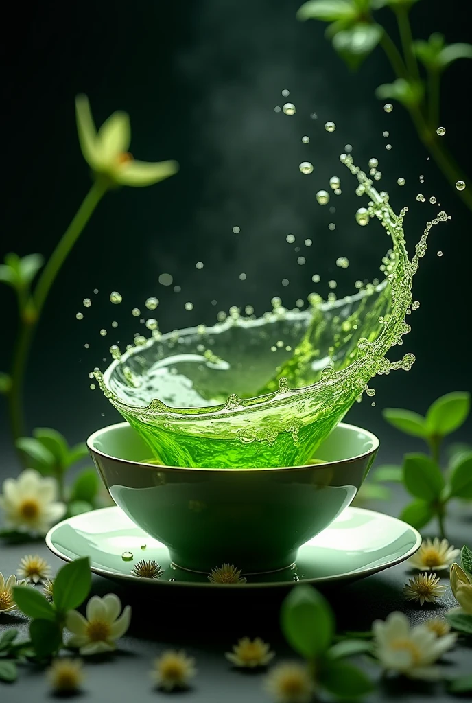 Product Design，Green tea seen from above，Silver edge bowl，Splashing green tea，Black background，Surrounded by leaves and flowers，Leaves flutter，A spectacular whirlpool on the water surface，steampunk，Green Flower，Transparency，drop，Straight Splash