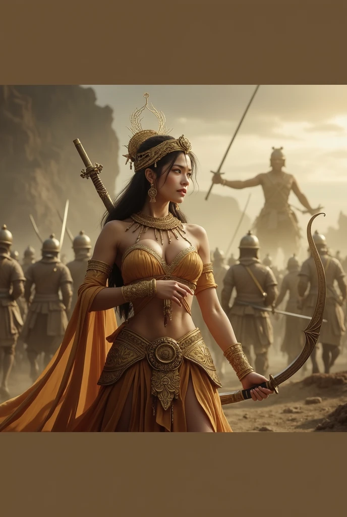 Female Khmer warrior, long black hair, dark brown tanned, Armour on, bangles, Angkor temple, full body, holding weapon, sexy tied hair up, crowd on the head, wearing jewelry, Sak yant tattoos on the arm, curvy body, wear red wrap sarong outfits, dark skinned, cute face, big lips, Diamond shape faces, wide nice nose, defined features on the face, apsara jewelry on, gold leaves jewelry, fighting at war, Armour bra top