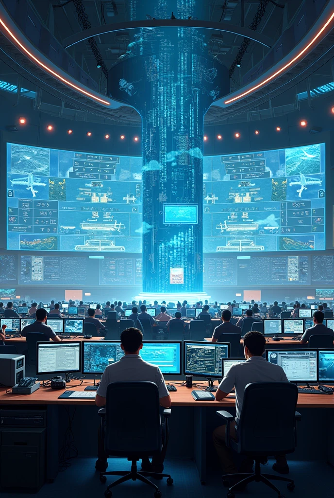 Airport, big screen, control room, command room, screens, employee,