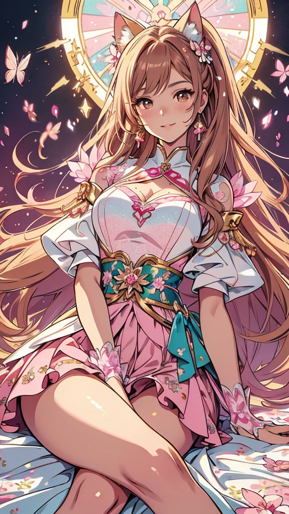(best quality,4k,8k,highres,masterpiece:1.2),ultra-detailed,(realistic,photorealistic,photo-realistic:1.37),acrylic painting,beautiful Brazilian model in a genshin pink gold teal outfit with downy hair,beautiful Brazilian model with extremely colorful brown hair and detailed facial features,beautiful Brazilian model standing in a beautiful garden surrounded by a starry sky,pink hair,beautiful Brazilian model wearing a vibrant pink gold and teal genshin outfit,beautiful Brazilian model with intricate accessories,cat ears, ,beautiful Brazilian model with long flowing twintails,beautiful Brazilian model with bright brown eyes and rosy lips,beautiful Brazilian model with a joyful expression,beautiful Brazilian model in a dynamic pose with cherry blossoms falling around her,beautiful Brazilian model surrounded by colorful flowers and butterflies,beautiful Brazilian model's school uniform outfit adorned with cute bows and lace details red and gold,beautiful Brazilian model with an enchanting smile,beautiful Brazilian model with soft, pastel-colored shading,beautiful Brazilian model with a magical glow illuminating her,beautiful Brazilian model in a picturesque setting with a winding path leading to a magnificent castle,beautiful Brazilian model with a fairytale-like background,beautiful Brazilian model with a soft, dreamy atmosphere,beautiful Brazilian model with a subtle bokeh effect,beautiful Brazilian model standing under a sunny sky,beautiful Brazilian model with a warm, golden sunset in the background,beautiful Brazilian model surrounded by twinkling stars and colorful nebulae,creating an ethereal and captivating artistic masterpiece, sitting down, facing camera, uniform outfit genshin 