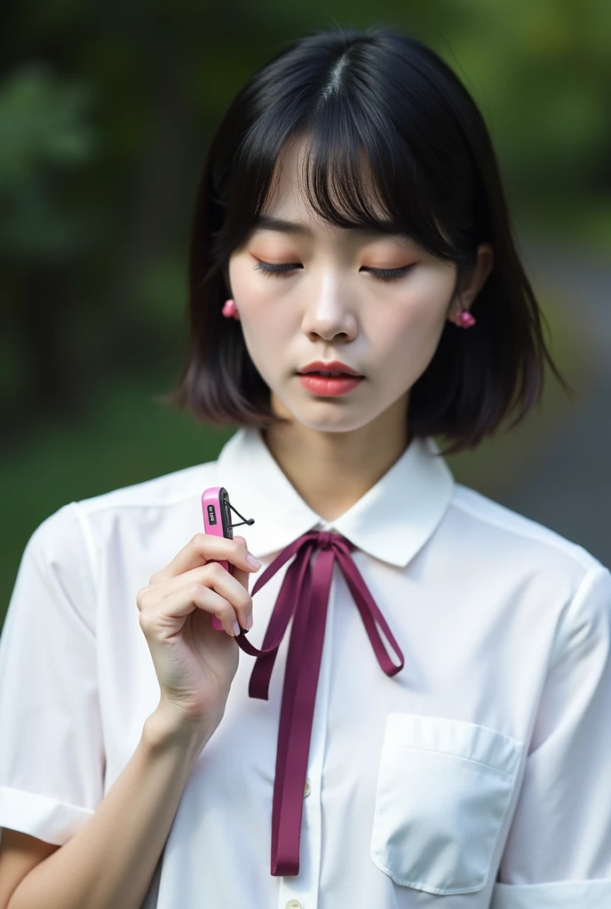 Highest quality,Japanese Idols, Short Bob Hair、bangs、Award-winning photo, Very detailed, Edge Orgasm, Face Focus, (Woman with open mouth and closed eyes ), Age 25、Black Hair、 News anchor、Glowing Skin,From below、Realistic nostrils、Browsing Caution,Shortcuts、Big Breasts、Vibrator prank in public, Big Breasts Women in Public, She leaned back., (She closed her eyes), she yawns, Hand holding a pink remote control outside the frame, She wants you to stop using vibrators