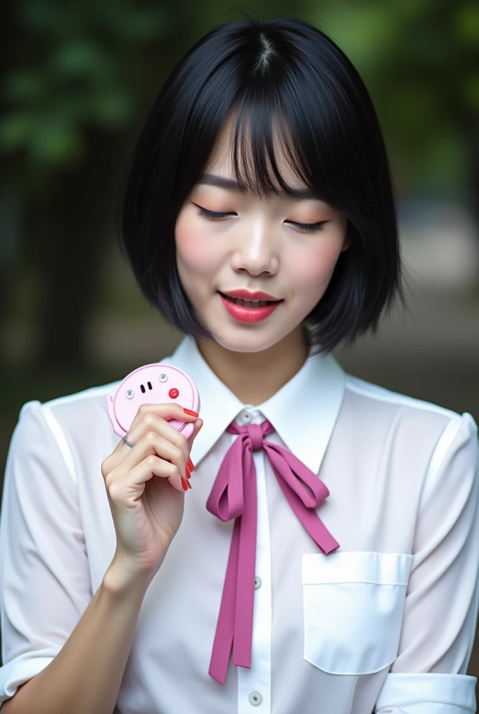 Highest quality,Japanese Idols, Short Bob Hair、bangs、Award-winning photo, Very detailed, Edge Orgasm, Face Focus, (Woman with open mouth and closed eyes ), Age 25、Black Hair、 News anchor、Glowing Skin,From below、Realistic nostrils、Browsing Caution,Shortcuts、Big Breasts、Vibrator prank in public, Big Breasts Women in Public, She leaned back., (She closed her eyes), she yawns, Hand holding a pink remote control outside the frame, She wants you to stop using vibrators