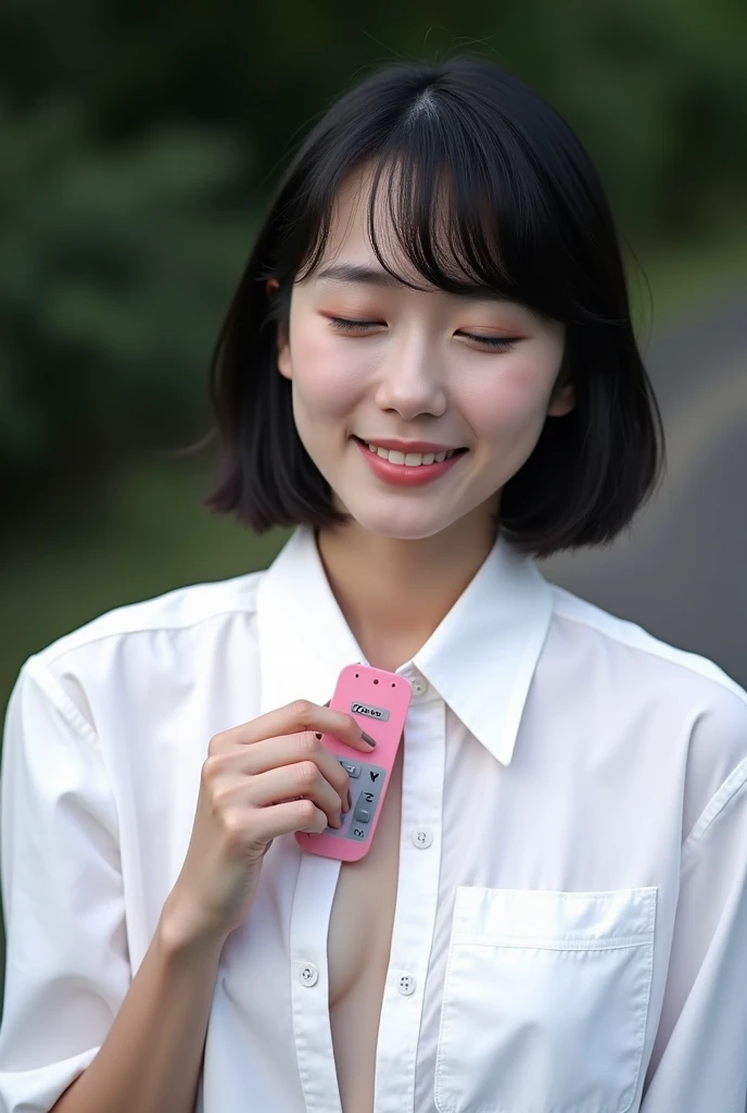 Highest quality,Japanese Idols, Short Bob Hair、bangs、Award-winning photo, Very detailed, Edge Orgasm, Face Focus, (Woman with open mouth and closed eyes ), Age 25、Black Hair、 News anchor、Glowing Skin,From below、Realistic nostrils、Browsing Caution,Shortcuts、Big Breasts、Vibrator prank in public, Big Breasts Women in Public, She leaned back., (She closed her eyes), she yawns, Hand holding a pink remote control outside the frame, She wants you to stop using vibrators